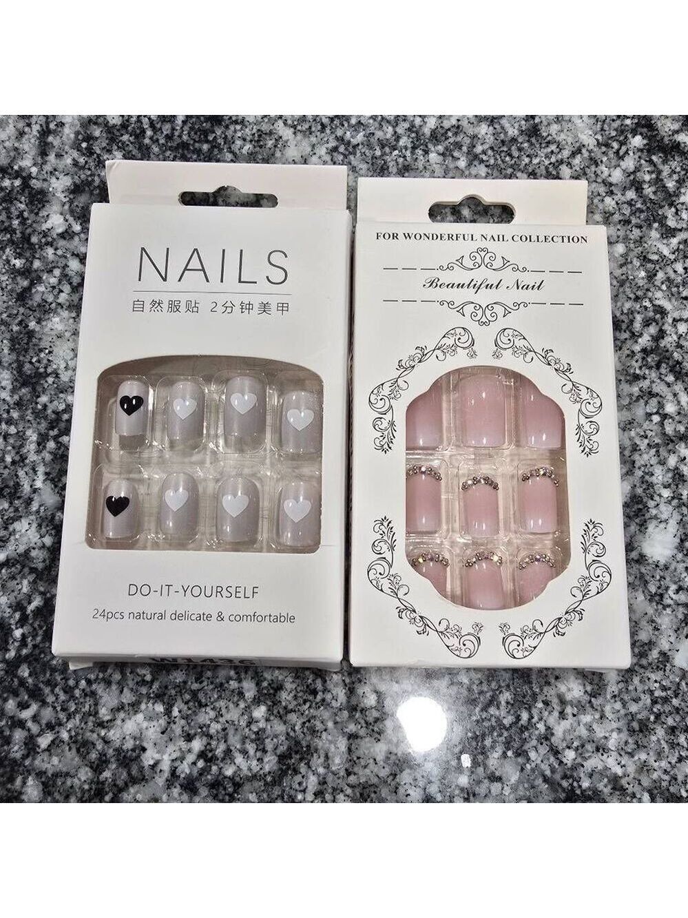 Set of 2 Press-On Nail Kits – 24pcs Each | Nude Rhinestone & Neutral Heart Desig